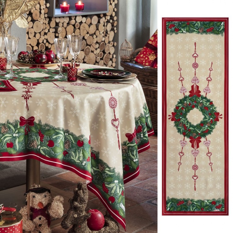 Chemin de table Jour de Fête Vert et Rouge 50 x 150 cm Coton - Beauvillé