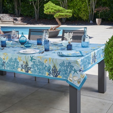 Nappe carrée tropicale à jacquard enduit Bleu azur Carrée 150 x 150 cm