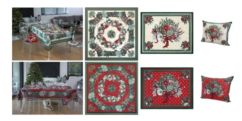 Motif Rêve d'hiver nappe, set de table et housse de coussin dans les deux coloris.