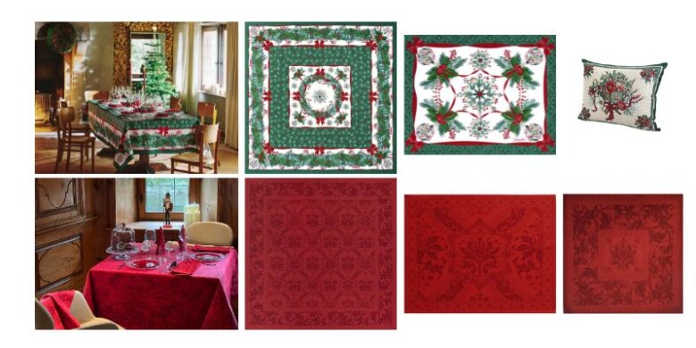 Motif Réveillon avec nappe à plat, set de table et housse de coussin. Motif Topkapi coloris rouge avec nappe à plat, set de table et housse de coussin coloris rouge.