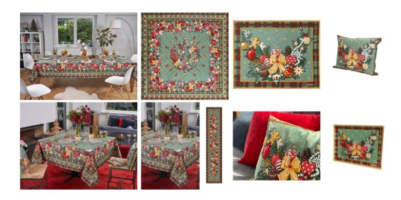 Motif Trésors de Noël, nappe à plat, chemin de table, set de table, housse de coussin et plateau.