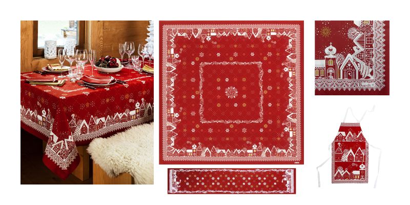 Image de gauche à droite : nappe Nuit Étoilée rouge dressée dans une ambiance chalet de montagne, suivie de la nappe à plat rouge montrant des flocons au centre et des maisonnettes enneigées en bas, accompagnée d’un chemin de table assorti rouge avec flocons au centre et maisonnettes aux extrémités, ainsi que des serviettes en papier et un tablier coordonnés.
