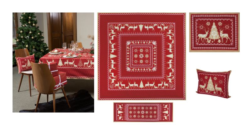 Image de gauche à droite : nappe Balade en Hiver rouge et beige dressée pour une grande table de Noël, suivie de la nappe à plat rouge avec détails beige présentant des animaux de la forêt et un paysage féerique de Noël, accompagnée des sets de table assortis avec deux cerfs élégants au centre et un coussin rectangulaire coordonné.