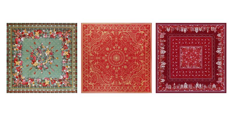 Trésors de Noël : Nappe Trésors de Noël à plat, fond rouge avec détails dorés, mettant en valeur les motifs festifs et raffinés pour les tables de Noël. Précieuses : Nappe Précieuses à plat, fond rouge avec détails dorés, illustrant une pluie de flocons scintillants et des motifs élégants pour une décoration de fête raffinée. En Hiver : Nappe En Hiver à plat, fond rouge avec détails blancs, représentant un paysage hivernal féerique pour apporter une touche chaleureuse et festive à la table.