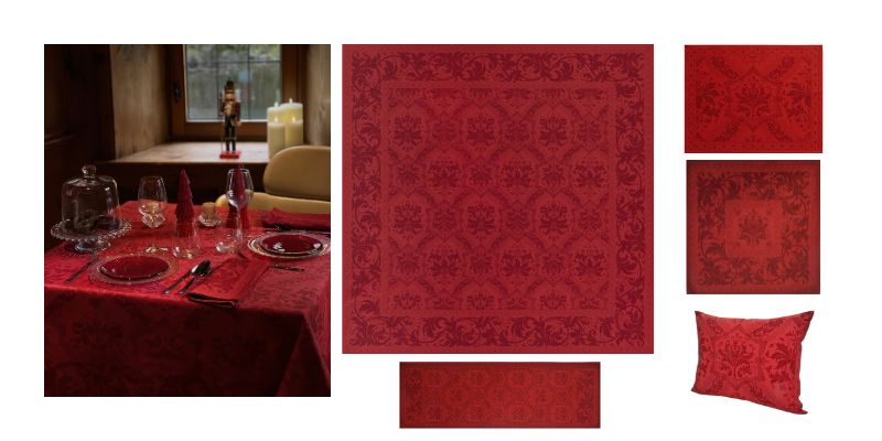 Nappe Topkapi rouge dressée dans un univers chaleureux et feutré, créant une ambiance de Noël garantie, suivie de la nappe à plat accompagnée de ses éléments assortis : set de table, serviette, chemin de table et coussin rectangulaire, mettant en valeur les motifs riches et élégants.