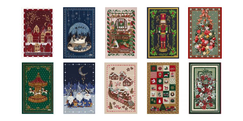 Image de gauche à droite et de haut en bas : torchons de Noël Les Patineurs rouge, Boule à Neige bleu, Les Lutins Malins, Casse-Noisette, Joyeux Noël, Carrousel, Les Lutins de Noël bleu, Le Train Gourmand, Le Calendrier de l’Avent et Noël Enchanté, présentant chacun des motifs festifs et poétiques typiques des collections Beauvillé.