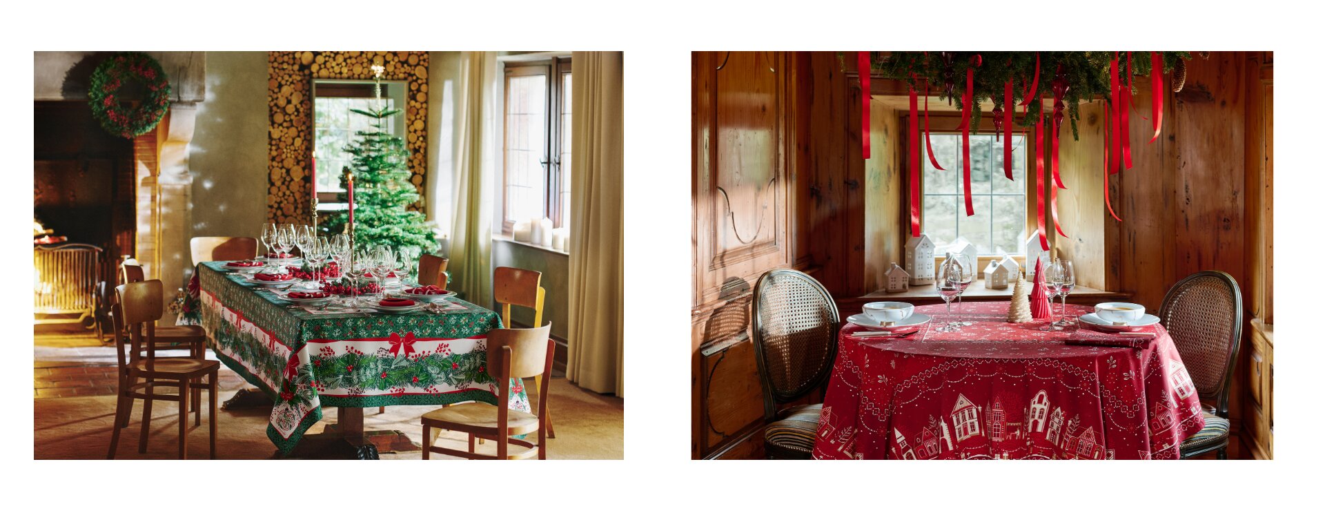 Deux tables de Noël décorées. À gauche, la nappe Réveillon dressée sur une table avec cheminée et sapin en arrière-plan, bougies allumées créant une ambiance chaleureuse. À droite, la nappe En Hiver rouge dans un cadre chalet, entourée de bois et d’un toit de sapin, avec des rubans rouges rappelant la couleur de la nappe.