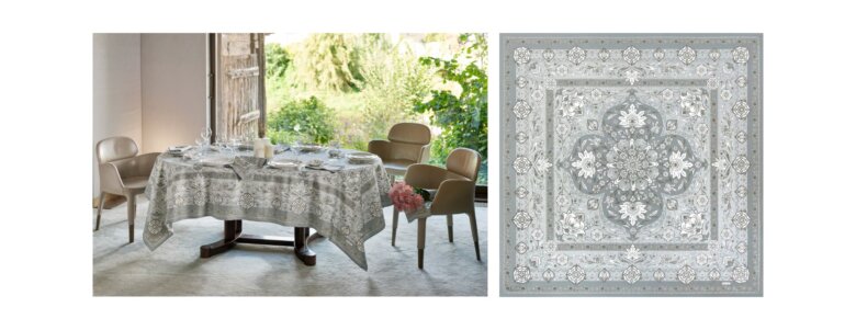 Grande table dressée avec la nappe Parfum d’Orient givre de Beauvillé