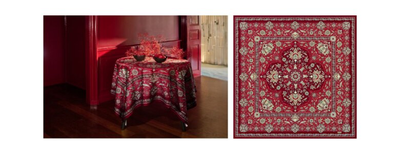 Table décorée avec la nappe Parfum d’Orient grenat de Beauvillé