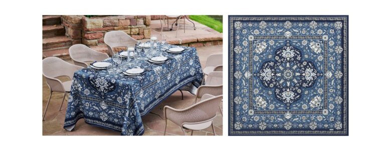 Table en extérieur avec la nappe Parfum d’Orient bleu de Beauvillé