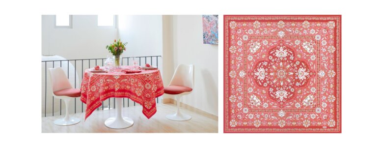 Table dressée avec la nappe Parfum d’Orient corail de Beauvillé