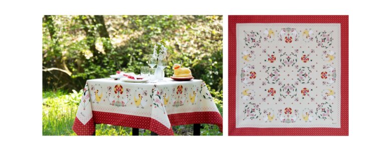 Table de Pâques dressée avec la nappe Lunéville rouge de Beauvillé