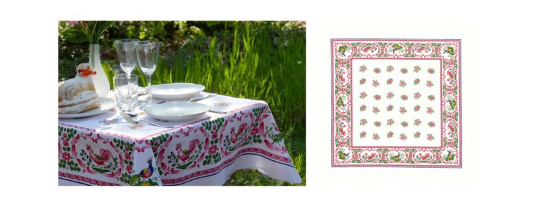 Table de Pâques en extérieur avec la nappe Les Coqs coloris rose de Beauvillé