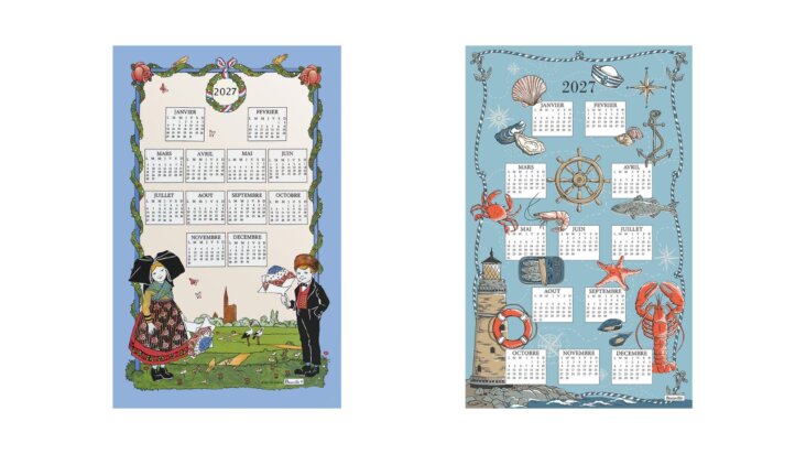 Torchons calendrier Beauvillé 2027 : modèles Calendrier Alsace et La Criée illustrés avec motifs traditionnels alsaciens et univers maritime.