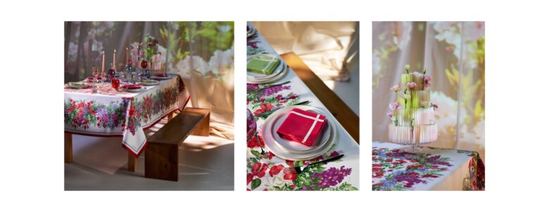 Table dressée avec nappe florale Bougainvilliers Beauvillé, serviette rose et décoration printanière.