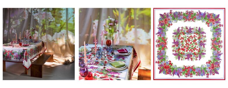Nappe Bougainvilliers Beauvillé aux motifs floraux colorés dressée sur une table élégante avec verrerie et bougies