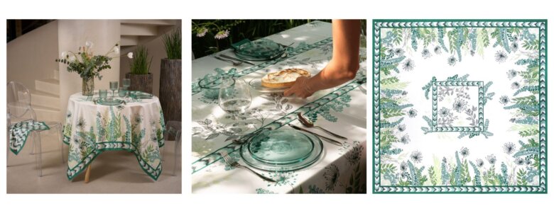 Table dressée avec nappe Eucalyptus Céladon Beauvillé aux motifs végétaux verts, ambiance naturelle et apaisante