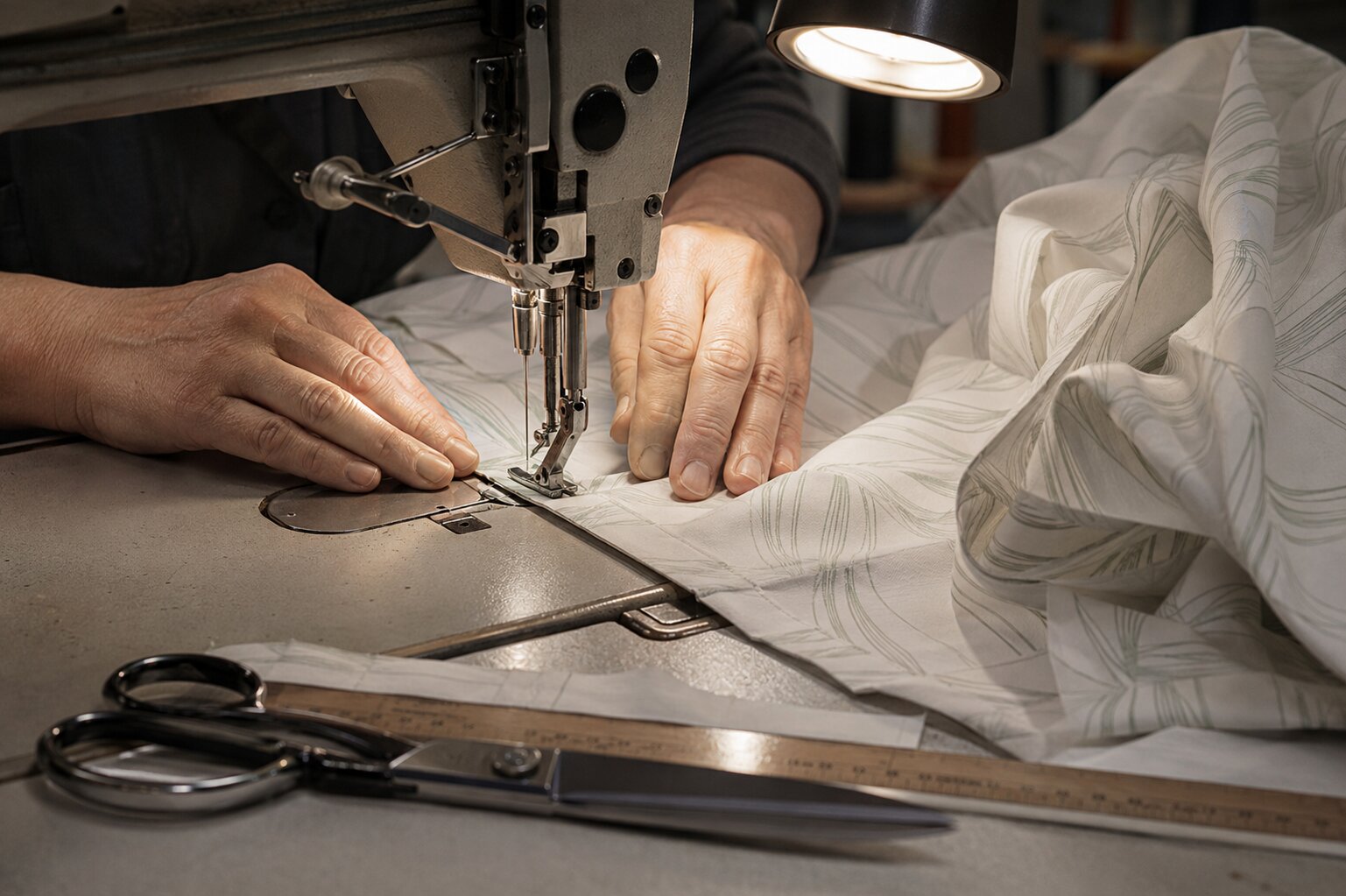 Coupe et confection d’une nappe au sein de la Manufacture d’Impression sur Étoffes