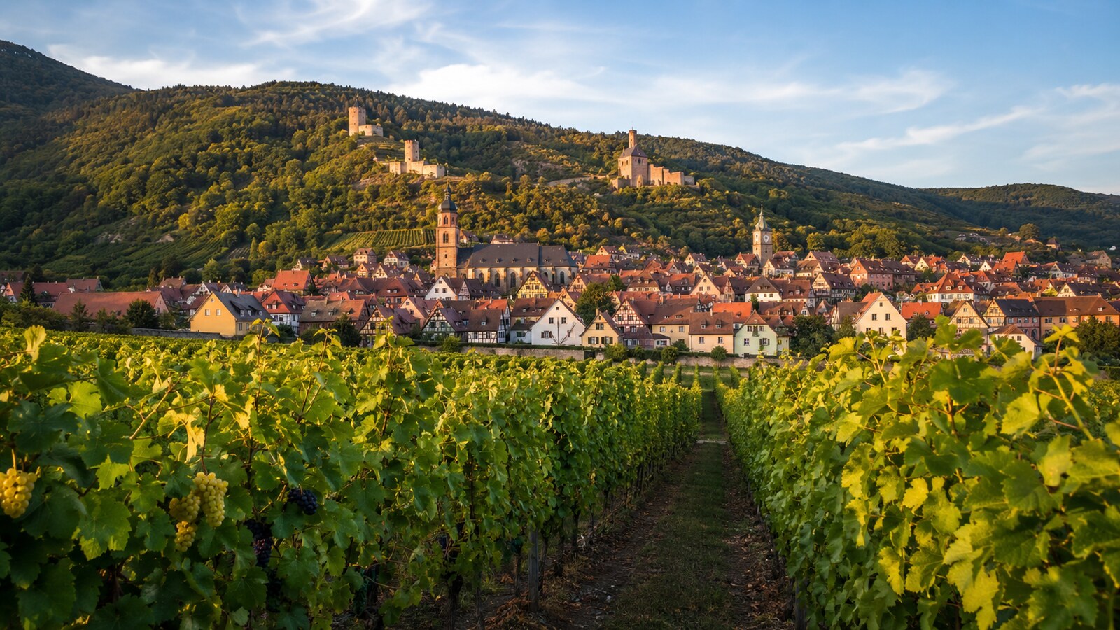 Vignes alsaciennes avec la ville de Ribeauvillé et ses châteaux en arrière-plan.